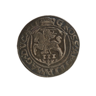 Trojak (coin) of Sigismund II Augustus (King of Poland, 1544–1572), 1563. Aw.: Under a crown, tied