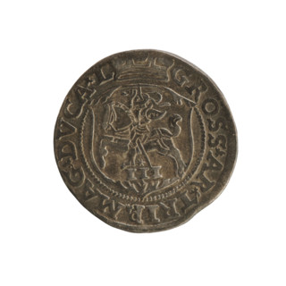 Lithuanian trojak, Sigismund II Augustus (king of Poland; 1544–1572); obverse under the crown: tied
