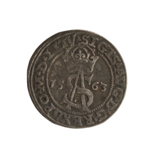 Lithuanian trojak, Sigismund II Augustus (king of Poland; 1544–1572). Aw: Under the crown a tied