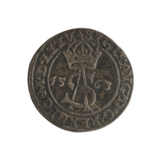 Lithuanian trojak, Sigismund II Augustus (king of Poland; 1544–1572). Aw: Under the crown a tied