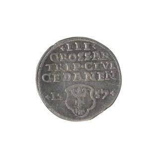 Gdansk trojak, Sigismund II Augustus (King of Poland; 1544–1572). Obv.: Crowned male bust in