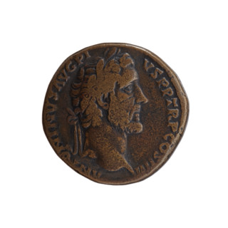 Sestertius of Antoninus Pius (86–161; Roman emperor 138–161). Obverse: head of the emperor in a