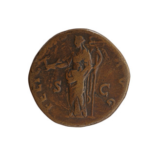 Sestertius of Antoninus Pius (86–161; Roman emperor 138–161). Obverse: head of the emperor in a