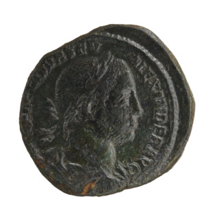 Sestertius of Alexander Severus (Roman emperor, 222–235). Obverse: Bust of Alexander Severus right,
