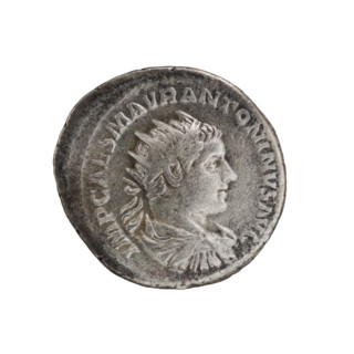 Antoninian of Elagabalus (reigned 218–222). Obverse: Bust of Elagabalus facing right, wearing a