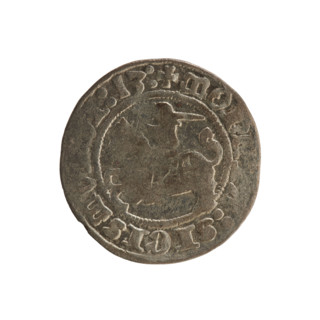 Lithuanian half-grosz, Sigismund I the Old (king of Poland; 1506–1548). Obverse: Pursuer turned