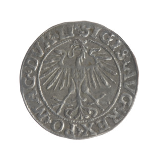 Lithuanian half-grosz, Sigismund II Augustus (King of Poland; 1544–1572). Obverse: Polish eagle; in