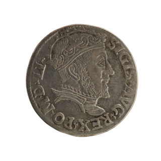 Lithuanian trojak, Sigismund II Augustus (King of Poland; 1544–1572). Obverse: crowned male bust in