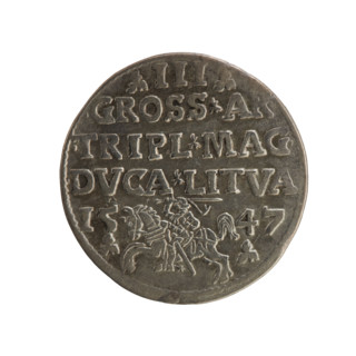 Lithuanian trojak, Sigismund II Augustus (King of Poland; 1544–1572). Obverse: crowned male bust in