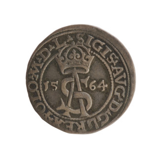 Lithuanian trojak, Sigismund II Augustus (King of Poland; 1544–1572). Aw: Under the crown a tied