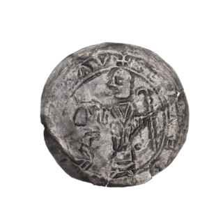 Bracteate, c. 1135–1138. Obverse in a pearl border: on the left, facing right, a kneeling prince