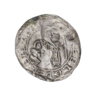 Bracteate, 1135–1138. In a pearl border, on the left facing right, a kneeling prince shown in