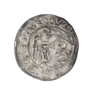 Bracteate, 1135–1138. Depicts a kneeling prince (Boleslaw III Wrymouth) in profile with hands
