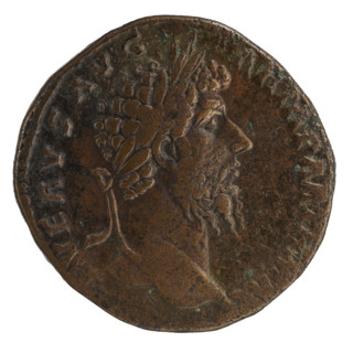 Sestertius of Lucius Verus (130–169), Roman emperor 161–169. Obverse: head of Lucius Verus in a