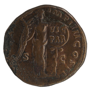 Sestertius of Lucius Verus (130–169; Roman emperor 161–169). Obverse: Head of Lucius Verus in a