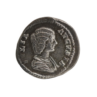Denarius of Julia Domna (ca. 160–217). Obverse: Bust of Julia Domna right, pearl rim, inscription