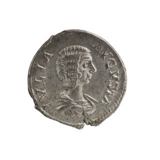 Denarius of Julia Domna (ca. 160–217), Roman empress (193–211). Obverse: Bust of Julia Domna right,