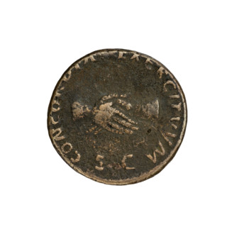 Nerva (Roman Emperor; 96–98) — iconography: laurel wreath, hands. Obverse: IMP NERVA CAES, PM TR P