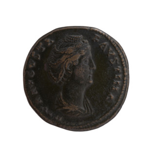 Dupondius, posthumous issue: obverse—draped bust of Faustina the Elder (98–141) facing right,