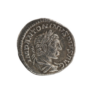 Denarius of Elagabalus (reigned 218–222 CE), 220–222. Obverse: Bust of Elagabalus with laurel