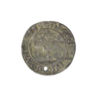 Gdansk grosz, Sigismund II Augustus (King of Poland; 1544–1572). Obverse: Crowned male bust in