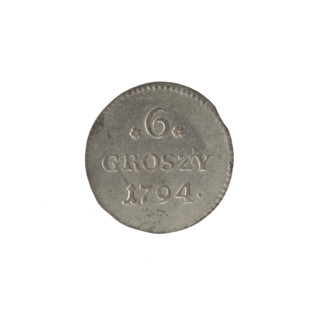 Crown six-coin, Stanislaw August Poniatowski (King of Poland; 1732–1798). Obverse: Under the crown