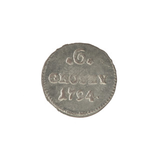 Crown six-coin, Stanislaw August Poniatowski (King of Poland; 1732–1798). Obverse: Under the crown