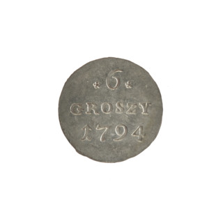 Crown six-coin of Stanislaw August Poniatowski (King of Poland; 1732–1798), 1794. Obverse: Under a