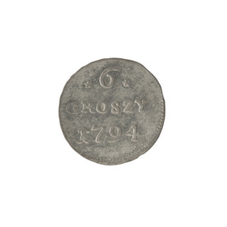 Crown six-coin of Stanislaw August Poniatowski (King of Poland; 1764–1795), 1794. Obverse: Under