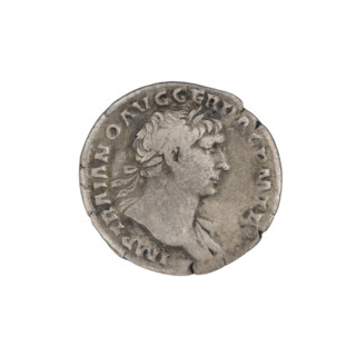 Denarius, Trajan (53–117; Roman emperor 98–117). Obverse: head of Trajan in laurel wreath facing
