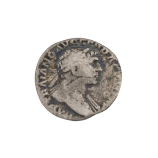 Denarius, Trajan (53–117; Roman emperor 98–117). Obverse: head of Trajan with laurel wreath facing