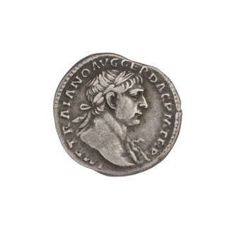 Denarius, Trajan (53–117; Roman emperor 98–117). Obverse: head of Trajan in laurel wreath facing