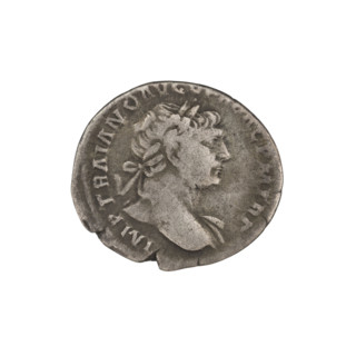 Denarius, Trajan (53–117; Roman emperor 98–117). Obverse: head of Trajan in laurel wreath facing