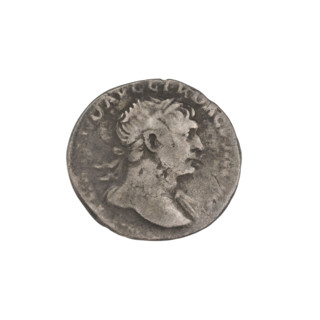 Denarius, Trajan (53–117; Roman emperor 98–117). Obverse: head of Trajan in laurel wreath facing