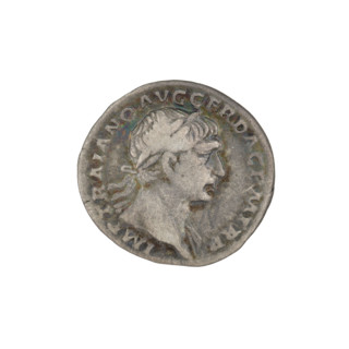 Denarius; Obv.: head of Trajan decorated with a laurel wreath facing right; rim inscription: IMP