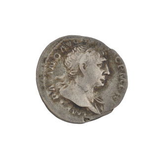 Denarius; obverse: head of Trajan wearing a laurel wreath facing right; rim inscription 'IMP