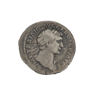 Denarius; Obv.: head of Trajan with laurel wreath facing right; rim inscription: IMP TRAIANO AVG