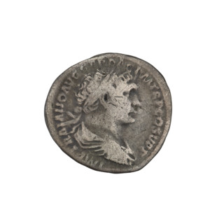 Denarius; obverse: head of Trajan wearing a laurel wreath facing right; rim inscription 'IMP