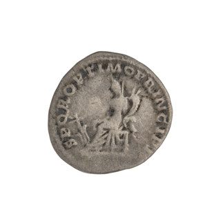 Denarius depicting Fortuna (personification) with rudders, laurel wreaths, heads, and cornucopias.