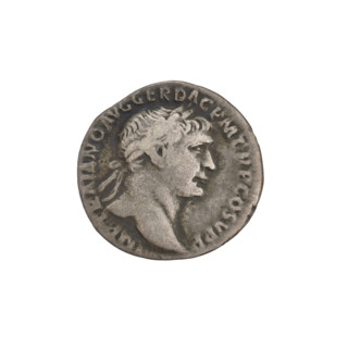 Denarius depicting Fortuna (personification) and cornucopias; Obverse: head of Trajan wearing a