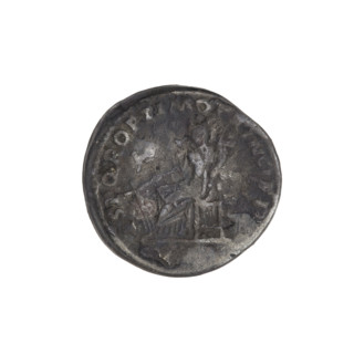 Denarius; Obverse: head of Trajan wearing a laurel wreath, facing right; rim inscription: IMP