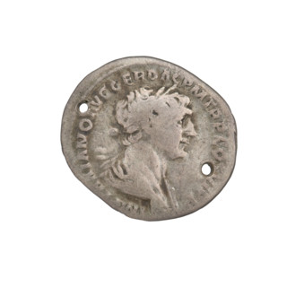 Denarius; Obv.: bust of Trajan facing right, wearing a laurel wreath and robe; rim inscription: IMP