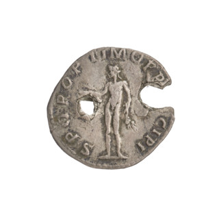 Denarius; Obverse: bust of Trajan facing right, wearing a laurel wreath and robe; rim inscription: