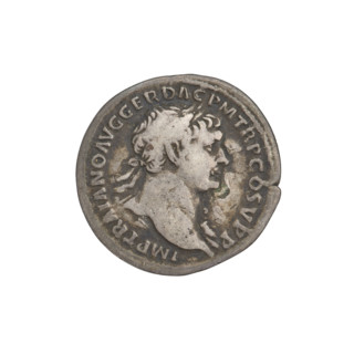 Denarius; obverse: bust of Trajan facing right, laurel-wreathed and robed; rim inscription IMP