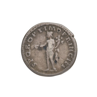Denarius; Obverse: bust of Trajan facing right, wearing a laurel wreath and robe; rim inscription