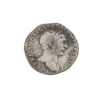 Denarius of Trajan (53–117; Roman emperor 98–117). Obverse: bust of Trajan facing right, wearing a