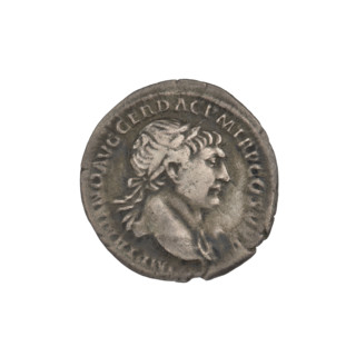Denarius, Trajan (53–117; Roman emperor 98–117). Obverse: head of Trajan to right, decorated with a