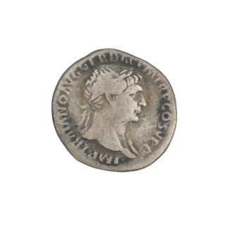 Denarius, Trajan (53–117; Roman emperor 98–117). Obverse: head of Trajan facing right, decorated