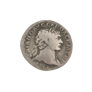 Denarius of Trajan (53–117; Roman emperor 98–117). Obverse: head of Trajan facing right, wearing a