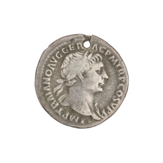 Denarius, Trajan (53–117 CE; Roman emperor 98–117). Obverse: head of Trajan right, decorated with a